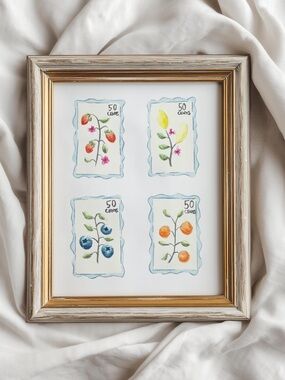 Fruit Stamp Watercolor Art Print. Kitchen Wall Art. 5x7 inches.